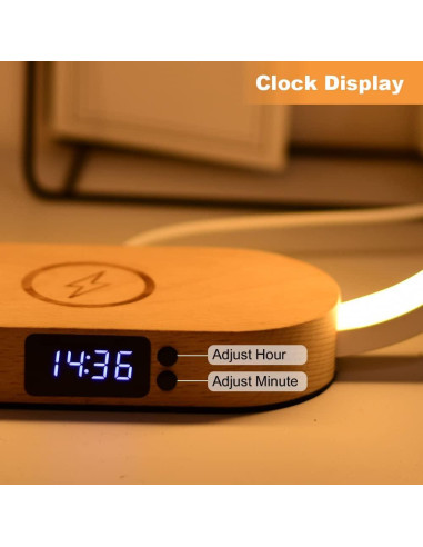 Lámpara de Mesa Donewin con Cargador Inalámbrico 15W y Reloj
