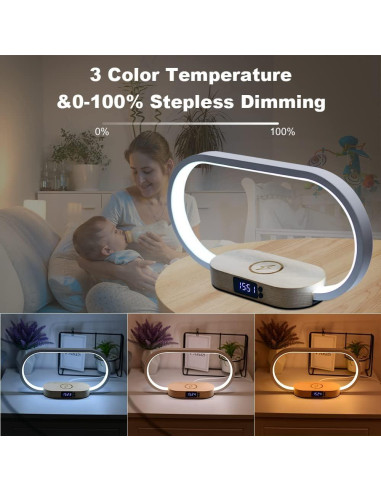 Lámpara de Mesa Donewin con Cargador Inalámbrico 15W y Reloj