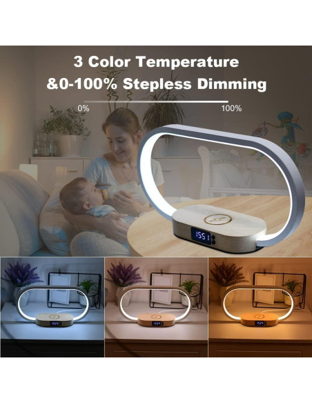 Lámpara de Mesa Donewin con Cargador Inalámbrico 15W y Reloj