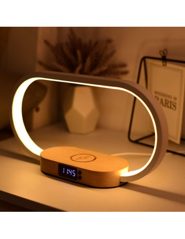 Lámpara de Mesa Donewin con Cargador Inalámbrico 15W y Reloj