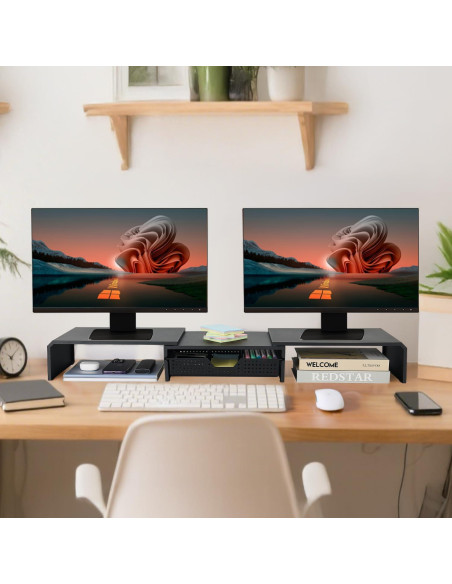 Soporte Doble Monitor LEKETREE con Cajón Organizador Negro