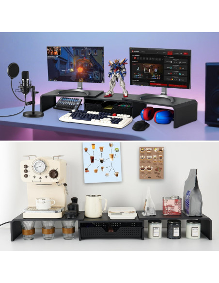 Soporte Doble Monitor LEKETREE con Cajón Organizador Negro