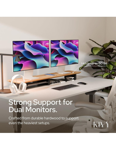 Soporte Doble para Monitor KIVY con Estante de Metal y Madera