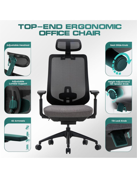 Silla de Oficina Ergonómica COLAMY XK01 con Soporte Lumbar y Reposacabezas Ajustable