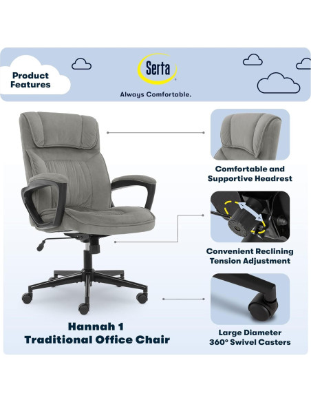 Silla de Oficina Ejecutiva Serta Hannah Ergonómica Negra/Gris