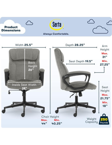 Silla de Oficina Ejecutiva Serta Hannah Ergonómica Negra/Gris