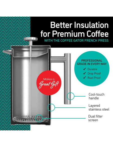 Cafetera Prensa Francesa Coffee Gator 1.4L Acero Inoxidable Negro