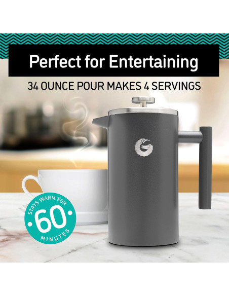 Cafetera Prensa Francesa Coffee Gator 1.4L Acero Inoxidable Negro