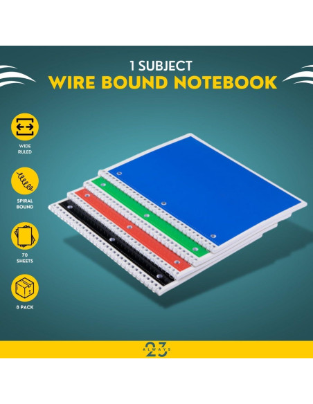 Cuadernos Espirales Always23 - Paquete de 8, 70 Hojas, Papel Reciclado