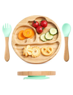 Plato de Bambú Dividido Let's Make con Utensilios para Bebés