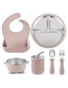 Set de Alimentación para Bebés PandaEar 6 en 1 Acero Inoxidable Rosa