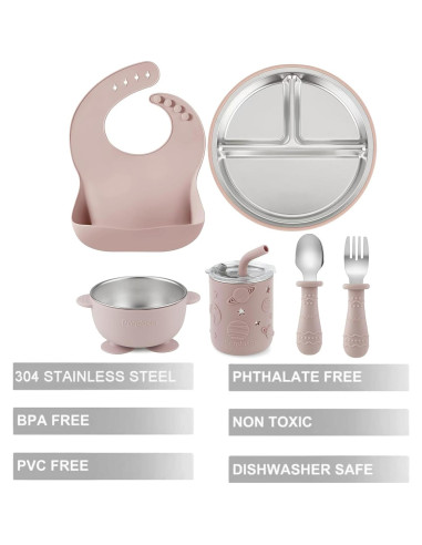 Set de Alimentación para Bebés PandaEar 6 en 1 Acero Inoxidable Rosa