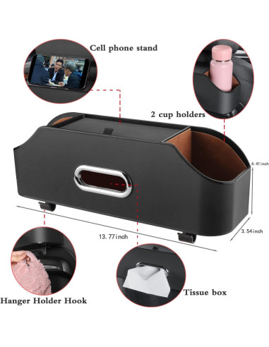 Organizador de Asiento Trasero de Coche HOLDCY Negro con Soporte para 2 Tazas y Caja de Tissue