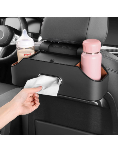 Organizador de Asiento Trasero de Coche HOLDCY Negro con Soporte para 2 Tazas y Caja de Tissue