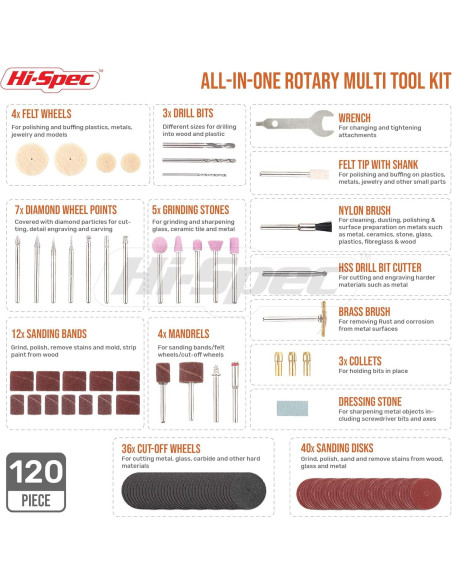 Kit de Herramientas Rotativas Eléctricas Hi-Spec 130W 121 Piezas