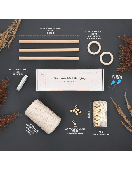 Kit de Macramé MIGO Creates para Principiantes - 58 Piezas y 201m Hilo