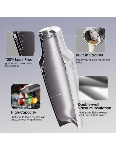 Juego de Coctelera Híbrida Magcheer 30 oz Acero Inoxidable Plata