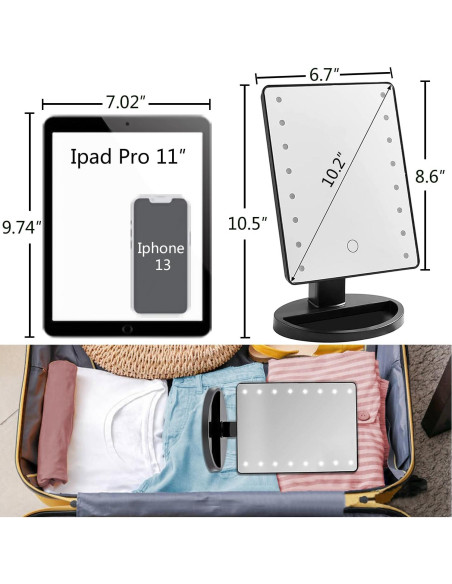 Espejo de Maquillaje Iluminado KOOKIN 26.67x16.26cm LED Ajustable