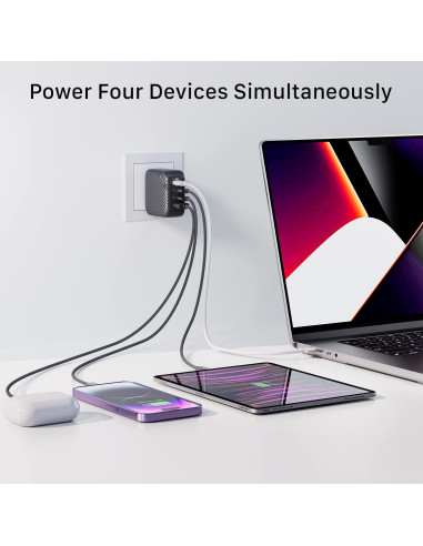 Cargador INVZI GaN 100W USB-C 4 Puertos Rápido Negro