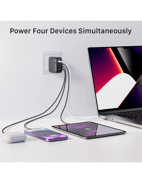 Cargador INVZI GaN 100W USB-C 4 Puertos Rápido Negro