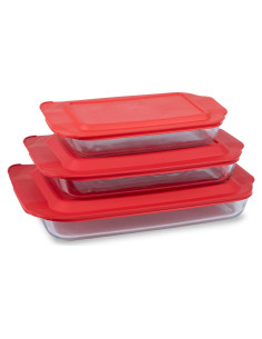 Juego de 3 bandejas de vidrio Pyrex Basics con tapas sin BPA
