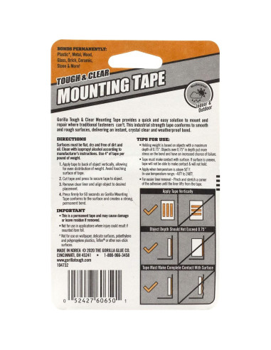 Cinta de Montaje Doble Cara Gorilla 1.27 cm x 152.4 cm Resistente
