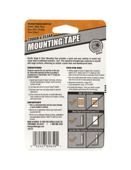 Cinta de Montaje Doble Cara Gorilla 1.27 cm x 152.4 cm Resistente
