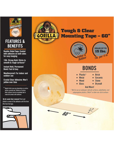 Cinta de Montaje Doble Cara Gorilla 1.27 cm x 152.4 cm Resistente
