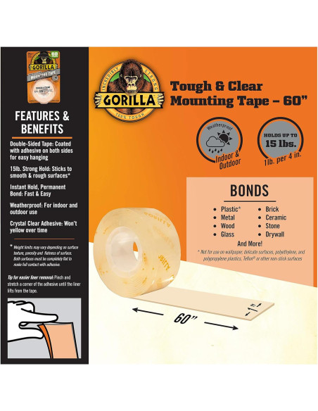 Cinta de Montaje Doble Cara Gorilla 1.27 cm x 152.4 cm Resistente