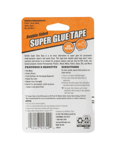 Cinta de Super Pegamento Gorilla Doble Cara 1.6cm x 6m (Paquete de 2)
