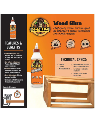 Pegamento de Madera Gorilla 532mL, Pintable y Lijable, Resistente