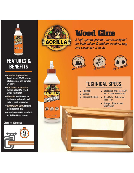 Pegamento de Madera Gorilla 532mL, Pintable y Lijable, Resistente