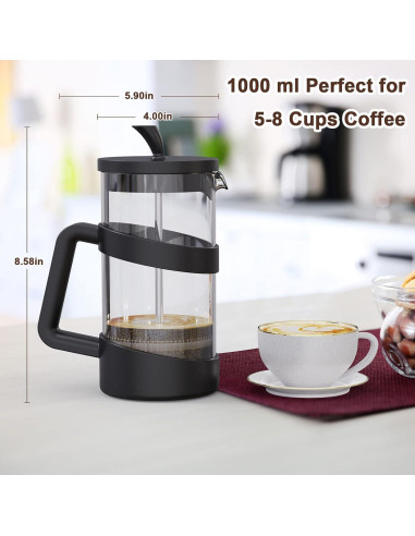 Prensa Francesa RAINBEAN 1000 ml Vidrio para Café y Té