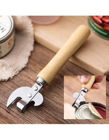 Abre Latas Manual FANTIA de Acero Inoxidable con Mango de Madera