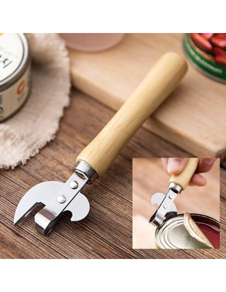 Abre Latas Manual FANTIA de Acero Inoxidable con Mango de Madera