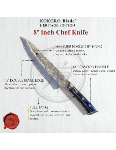 Cuchillo de Chef KOKORO 20.32 cm Forjado a Mano Full Tang