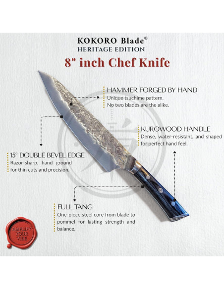 Cuchillo de Chef KOKORO 20.32 cm Forjado a Mano Full Tang