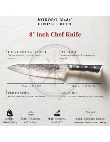 Cuchillo de Chef KOKORO 20.32 cm Forjado a Mano Full Tang