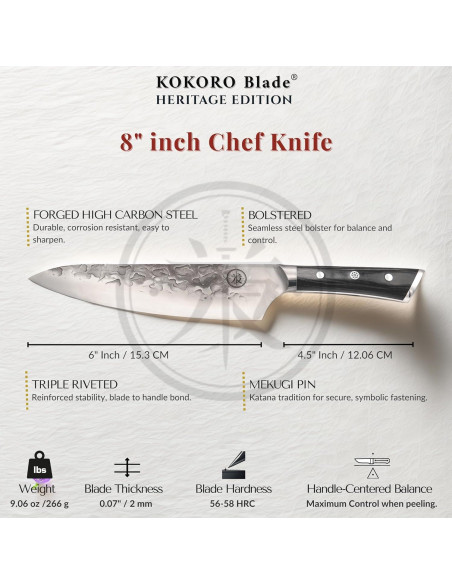 Cuchillo de Chef KOKORO 20.32 cm Forjado a Mano Full Tang