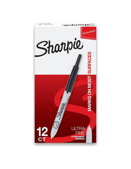 Marcadores Permanentes Retráctiles Sharpie, Punta Ultra Fina, Negro, 12 Unidades