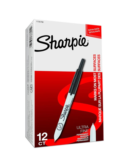 Marcadores Permanentes Retráctiles Sharpie, Punta Ultra Fina, Negro, 12 Unidades