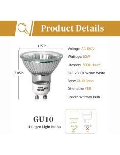 Bombilla Halógena GU10 Elenhome 50W Regulable 2800K 2 Piezas 2