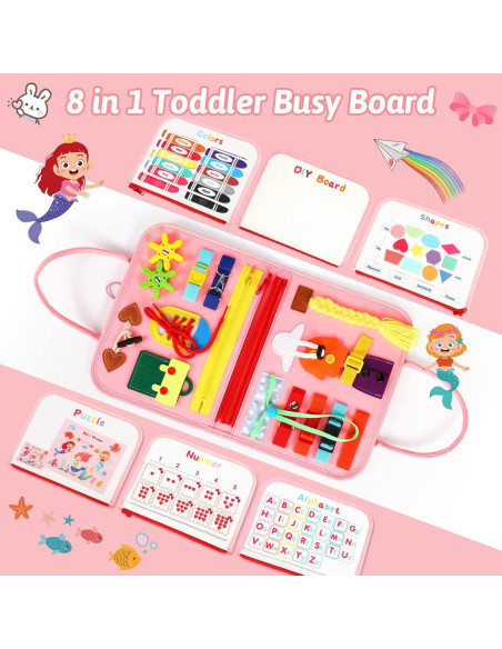 Tablero Ocupado Montessori Quiet Flower 8 en 1 para Niños Rosa