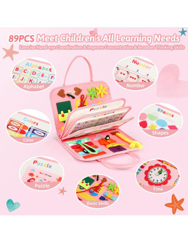 Tablero Ocupado Montessori Quiet Flower 8 en 1 para Niños Rosa