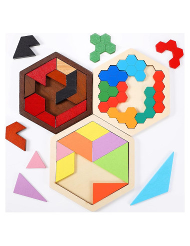 Paquete de 3 Rompecabezas Hexagonales de Madera Jerify