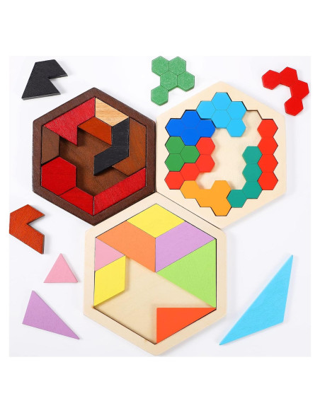 Paquete de 3 Rompecabezas Hexagonales de Madera Jerify