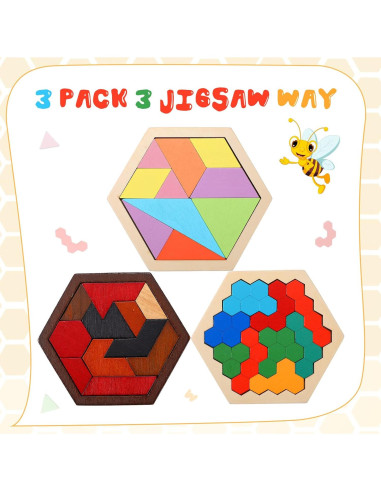Paquete de 3 Rompecabezas Hexagonales de Madera Jerify