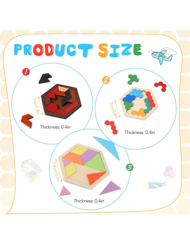 Paquete de 3 Rompecabezas Hexagonales de Madera Jerify