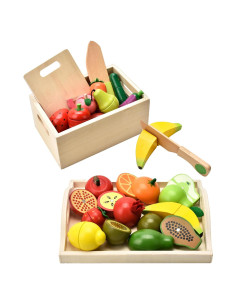 Set de Comida de Madera para Niños - 9 Frutas y Verduras Cortables