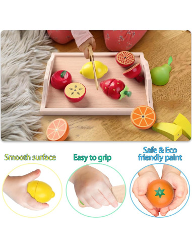 Set de Comida de Madera para Niños - 9 Frutas y Verduras Cortables